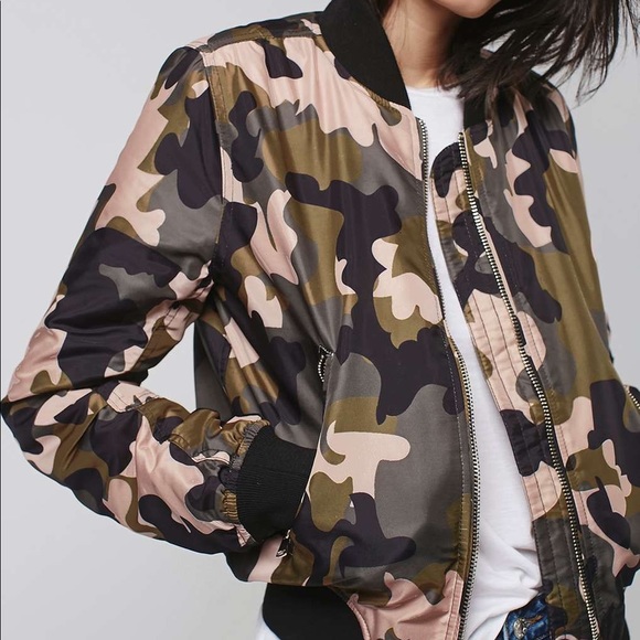 Topshop Camouflage Bomber Jacket (Size 2 US/UK 6) - Green, Taupe, Black & Gold - Picture 5 of 12